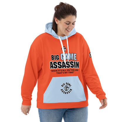 BIG GAME ASSASSIN ® (B.G.A.) Unisex Hoodie. Orange+Pattens blue