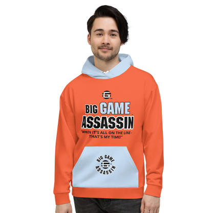 BIG GAME ASSASSIN ® (B.G.A.) Unisex Hoodie. Orange+Pattens blue