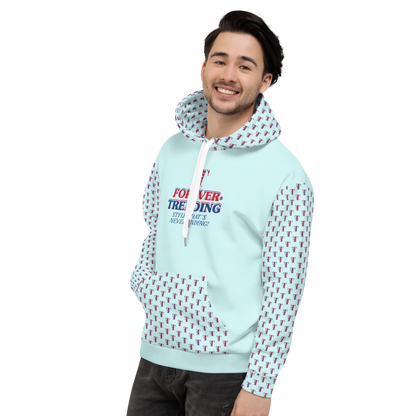 FOREVER TRENDING® "HIGH LIFE" Unisex Hoodie. Light Cyan with red, blue and white logo. Sizes XS - 3XL.