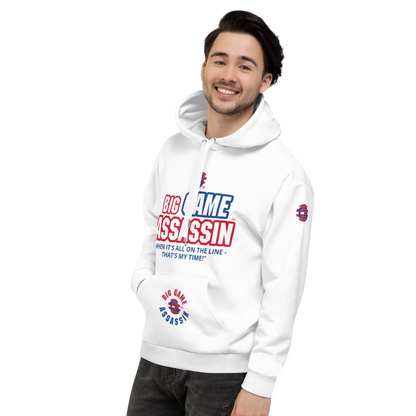 BIG GAME ASSASSIN ® Unisex Hoodie. White+(red and blue logo).