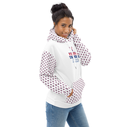 FT. FOREVER TRENDING® "HIGH LIFE" Unisex Hoodie. White body with red, blue and white logo. Sizes XS - 3XL.