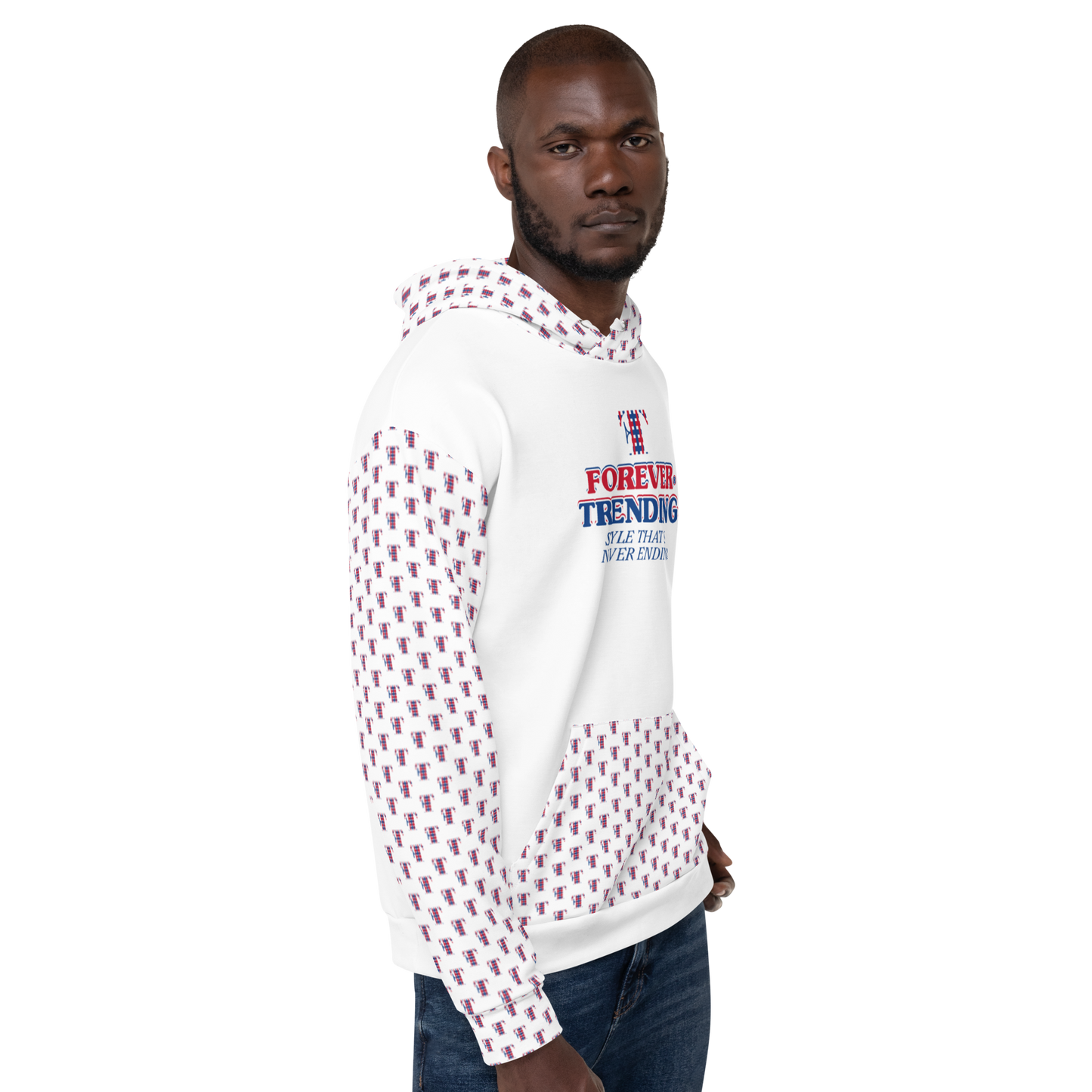 FT. FOREVER TRENDING® "HIGH LIFE" Unisex Hoodie. White body with red, blue and white logo. Sizes XS - 3XL.