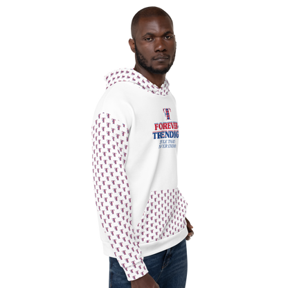 FT. FOREVER TRENDING® "HIGH LIFE" Unisex Hoodie. White body with red, blue and white logo. Sizes XS - 3XL.