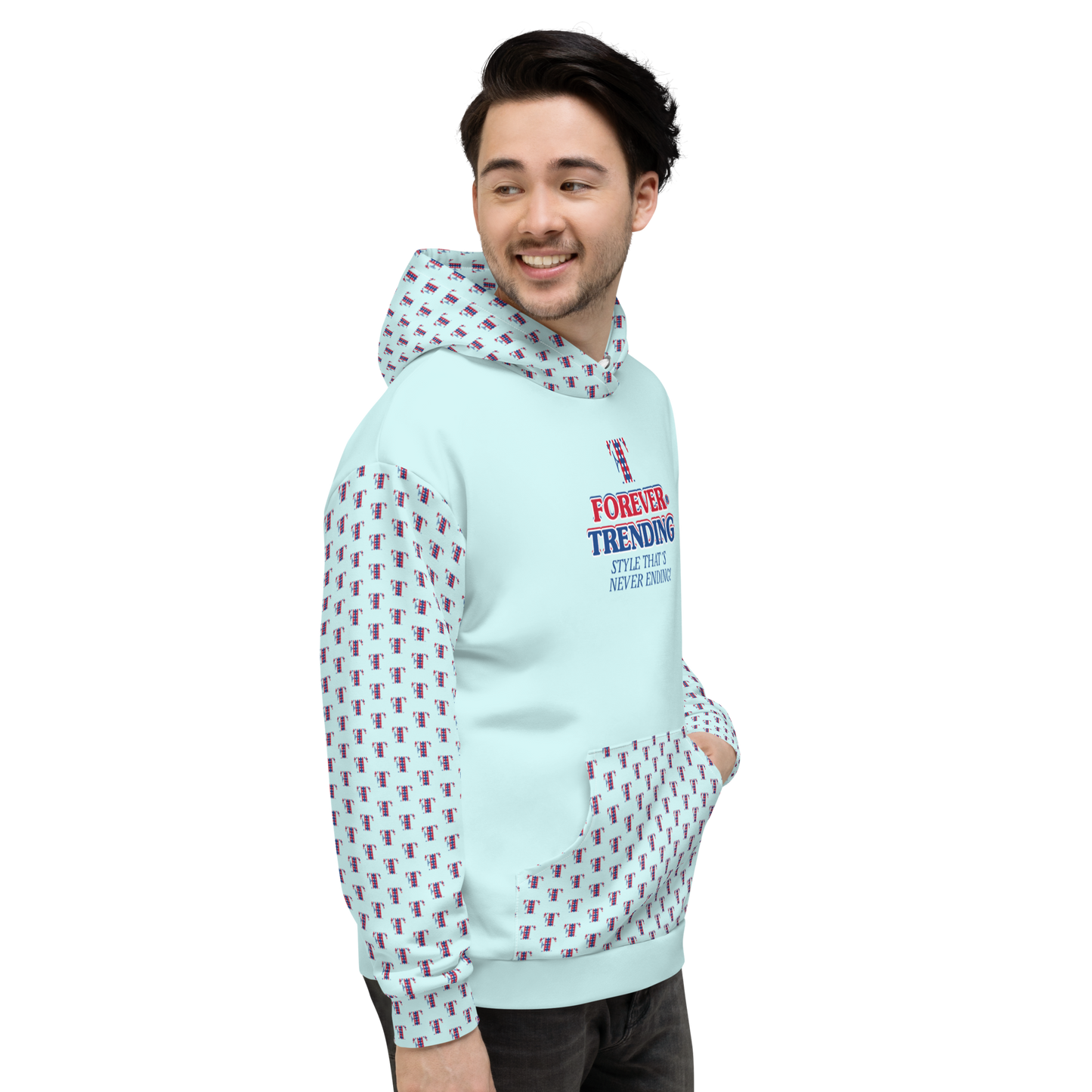 FOREVER TRENDING® "HIGH LIFE" Unisex Hoodie. Light Cyan with red, blue and white logo. Sizes XS - 3XL.