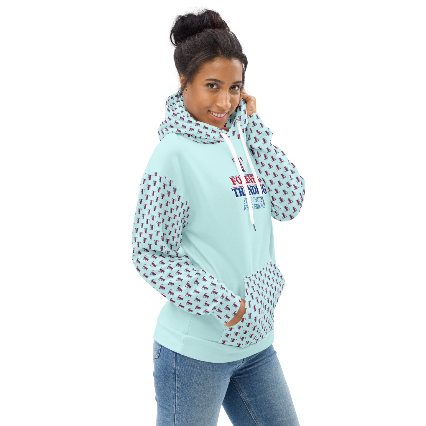 FOREVER TRENDING® "HIGH LIFE" Unisex Hoodie. Light Cyan with red, blue and white logo. Sizes XS - 3XL.