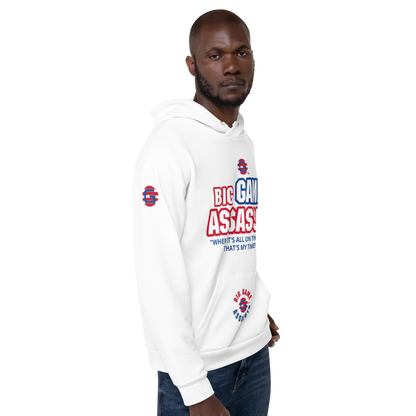 BIG GAME ASSASSIN ® Unisex Hoodie. White+(red and blue logo).