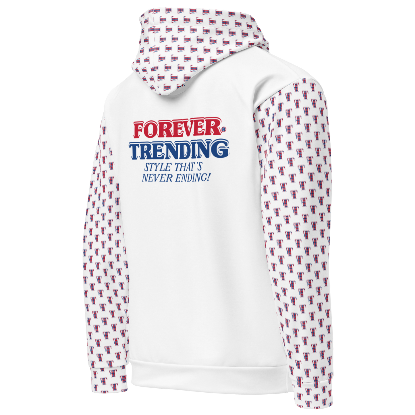 FT. FOREVER TRENDING® "HIGH LIFE" Unisex Hoodie. White body with red, blue and white logo. Sizes XS - 3XL.