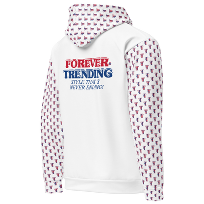 FT. FOREVER TRENDING® "HIGH LIFE" Unisex Hoodie. White body with red, blue and white logo. Sizes XS - 3XL.