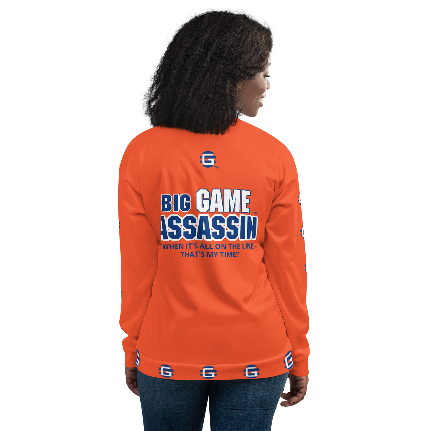 BIG GAME ASSASSIN ® Lightweight Unisex Bomber Jacket (Dark Cerulean+Orange).