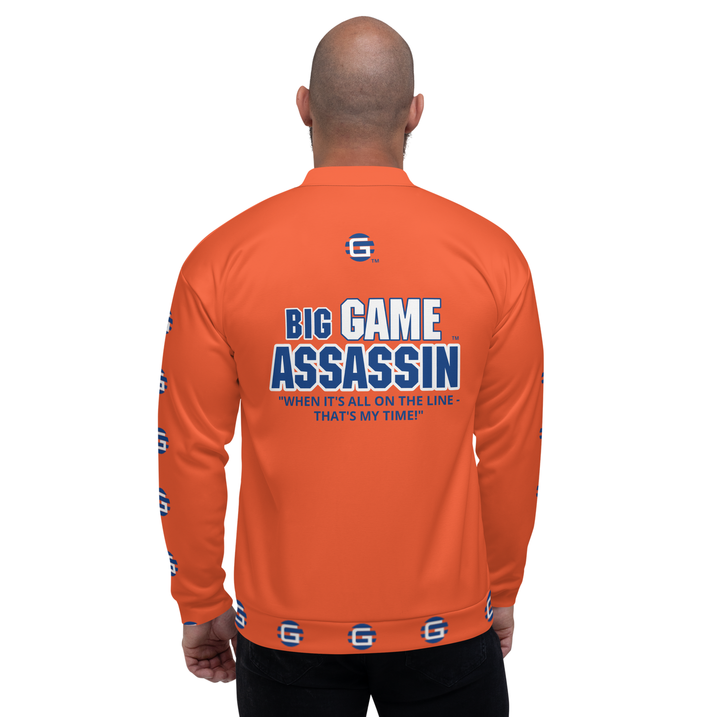 BIG GAME ASSASSIN ® Lightweight Unisex Bomber Jacket (Dark Cerulean+Orange).