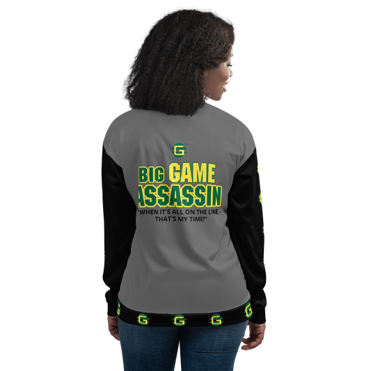 BIG GAME ASSASSIN ® (B.G.A) Unisex Bomber Jacket (Grey body+Black sleeves).