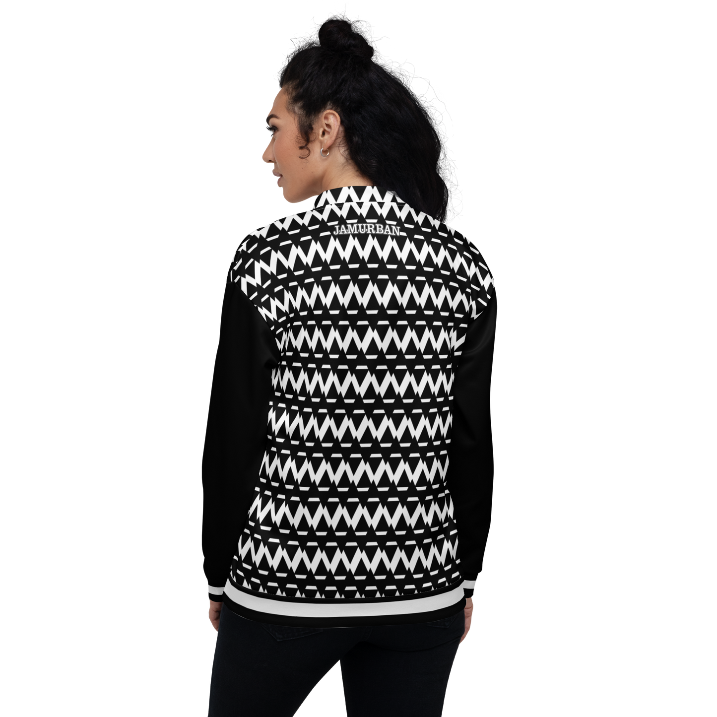 JAMURBAN® S.E "SHARP EDGES" Unisex Bomber Jacket (Black+White) with black sleeves and white trim.