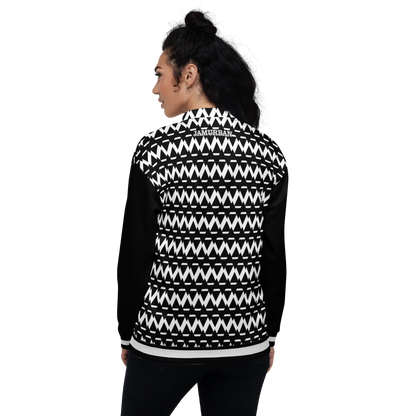 JAMURBAN® S.E "SHARP EDGES" Unisex Bomber Jacket (Black+White) with black sleeves and white trim.