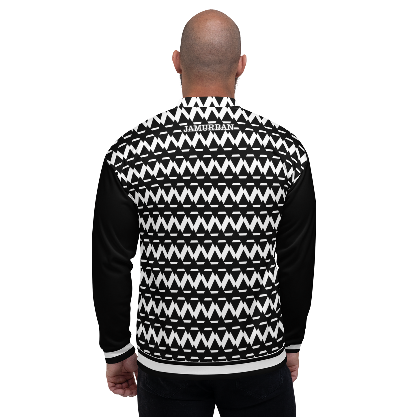 JAMURBAN® S.E "SHARP EDGES" Unisex Bomber Jacket (Black+White) with black sleeves and white trim.