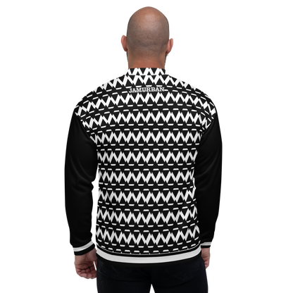 JAMURBAN® S.E "SHARP EDGES" Unisex Bomber Jacket (Black+White) with black sleeves and white trim.