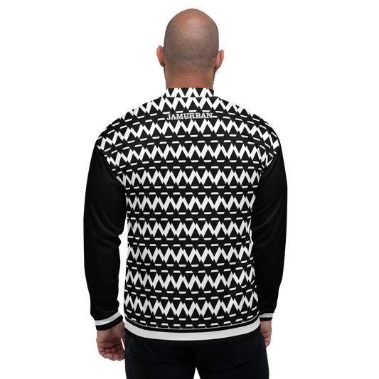 JAMURBAN® S.E "SHARP EDGES" Unisex Bomber Jacket (Black+White) with black sleeves and white trim.