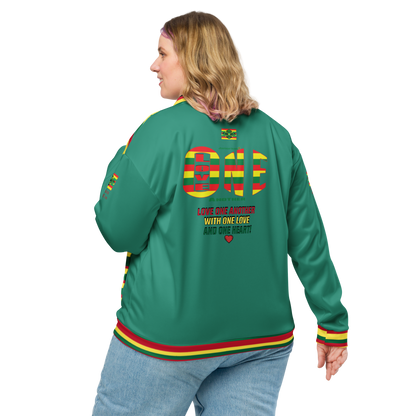 LOA's " LOVE ONE ANOTHER" Unisex Bomber Jacket (Elf Green with red, green and yellow stripes). Sizes XS - 3XL.