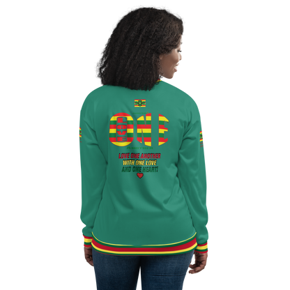 LOA's " LOVE ONE ANOTHER" Unisex Bomber Jacket (Elf Green with red, green and yellow stripes). Sizes XS - 3XL.