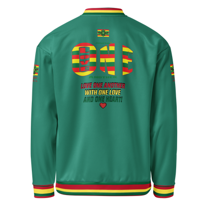 LOA's " LOVE ONE ANOTHER" Unisex Bomber Jacket (Elf Green with red, green and yellow stripes). Sizes XS - 3XL.