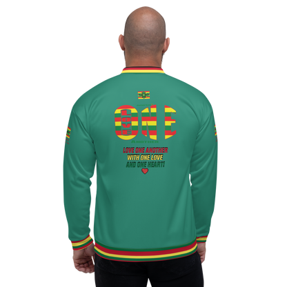 LOA's " LOVE ONE ANOTHER" Unisex Bomber Jacket (Elf Green with red, green and yellow stripes). Sizes XS - 3XL.