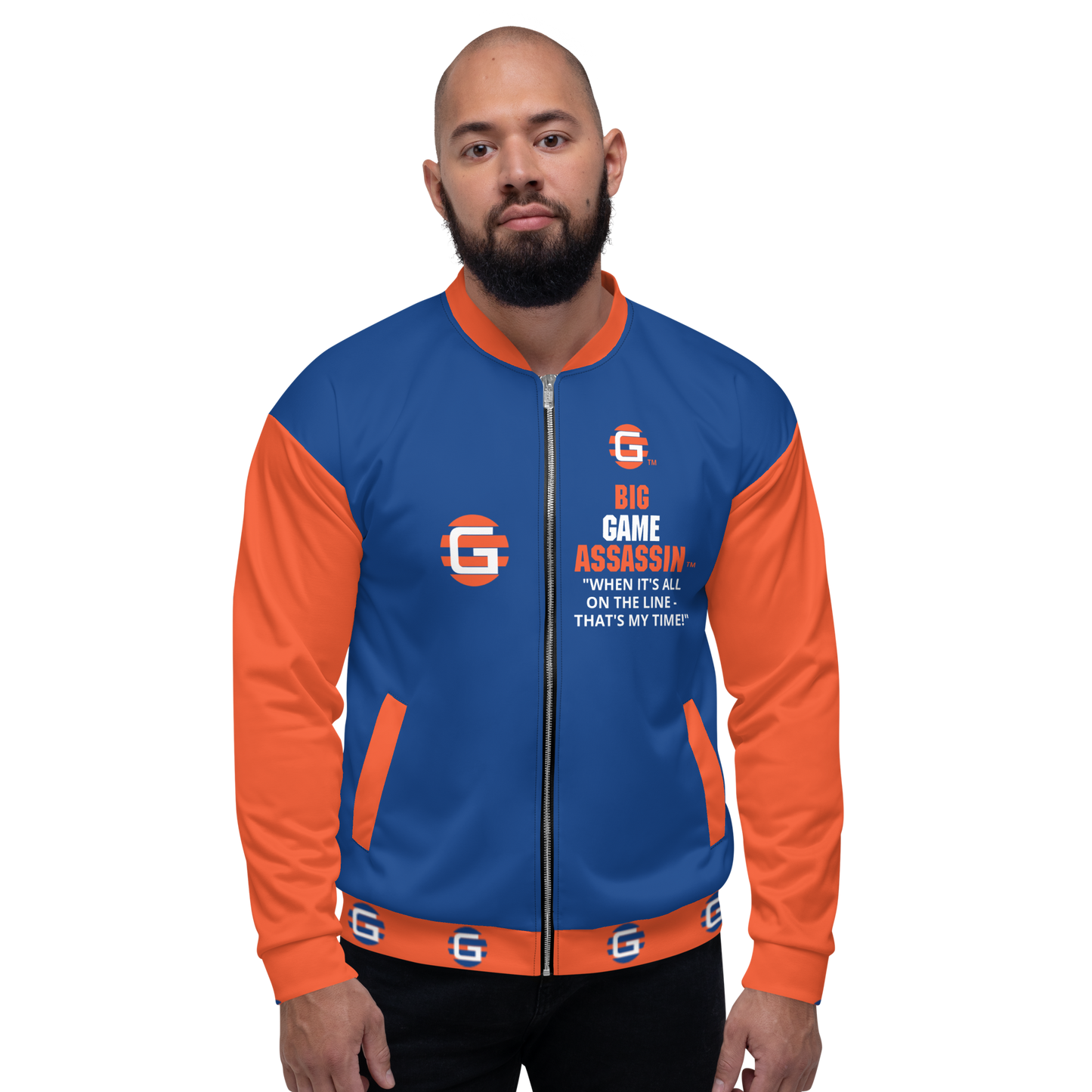 BIG GAME ASSASSIN ® Lightweight Unisex Bomber Jacket (Dark Cerulean+Orange).