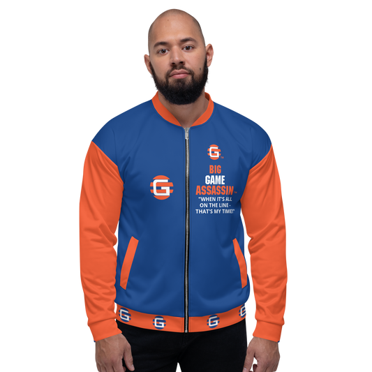 BIG GAME ASSASSIN ® Lightweight Unisex Bomber Jacket (Dark Cerulean+Orange).