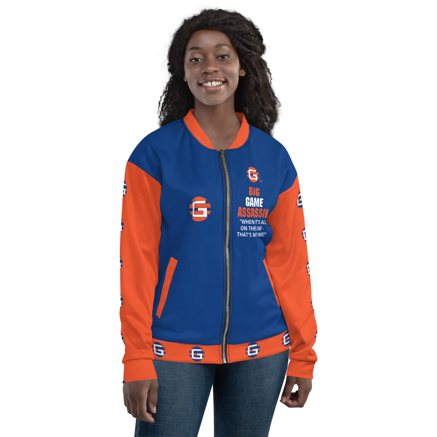 BIG GAME ASSASSIN ® Lightweight Unisex Bomber Jacket (Dark Cerulean+Orange).