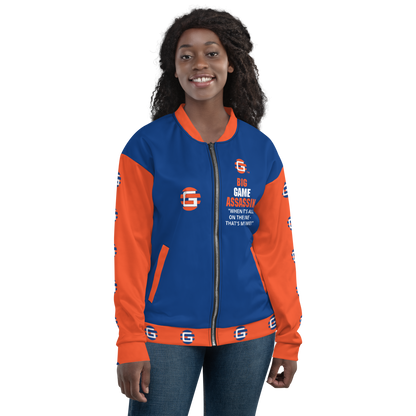 BIG GAME ASSASSIN ® Lightweight Unisex Bomber Jacket (Dark Cerulean+Orange).