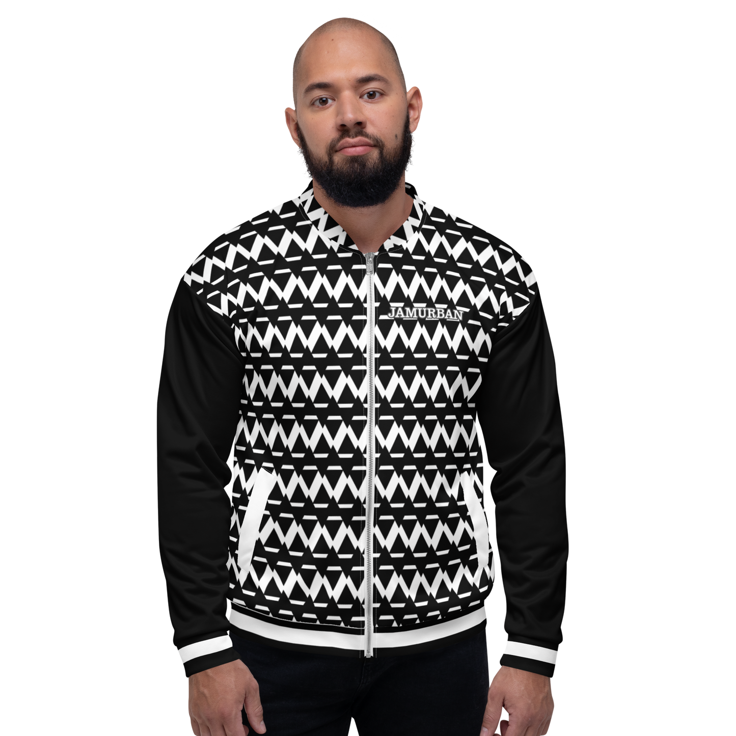 JAMURBAN® S.E "SHARP EDGES" Unisex Bomber Jacket (Black+White) with black sleeves and white trim.