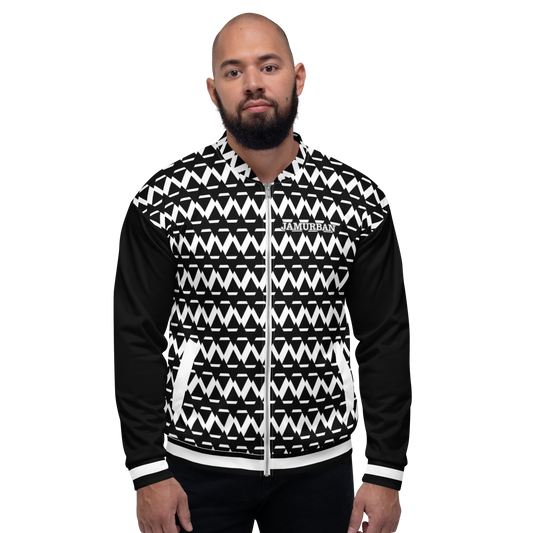 JAMURBAN® S.E "SHARP EDGES" Unisex Bomber Jacket (Black+White) with black sleeves and white trim.