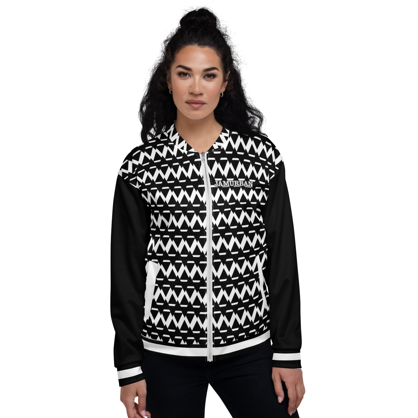 JAMURBAN® S.E "SHARP EDGES" Unisex Bomber Jacket (Black+White) with black sleeves and white trim.