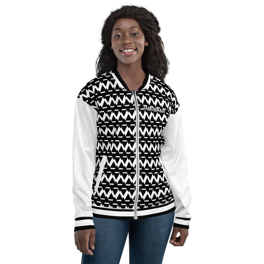 JAMURBAN® S.E. "SHARP EDGES" Unisex Bomber Jacket (Black+White) with white sleeves and black trim).