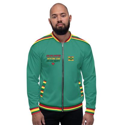 LOA's " LOVE ONE ANOTHER" Unisex Bomber Jacket (Elf Green with red, green and yellow stripes). Sizes XS - 3XL.