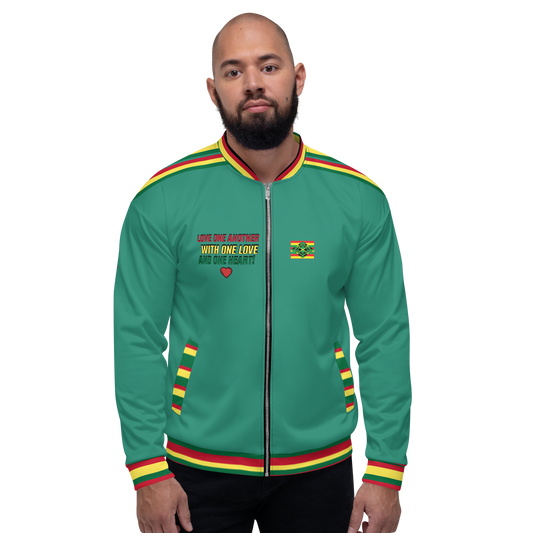 LOA's " LOVE ONE ANOTHER" Unisex Bomber Jacket (Elf Green with red, green and yellow stripes). Sizes XS - 3XL.