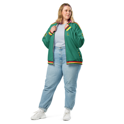 LOA's " LOVE ONE ANOTHER" Unisex Bomber Jacket (Elf Green with red, green and yellow stripes). Sizes XS - 3XL.