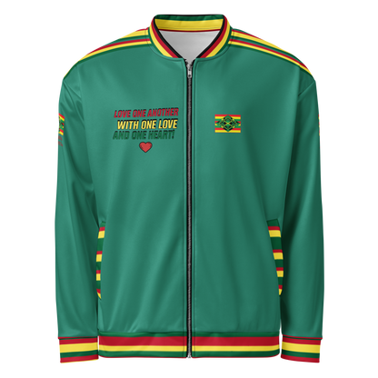 LOA's " LOVE ONE ANOTHER" Unisex Bomber Jacket (Elf Green with red, green and yellow stripes). Sizes XS - 3XL.