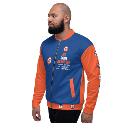 BIG GAME ASSASSIN ® Lightweight Unisex Bomber Jacket (Dark Cerulean+Orange).