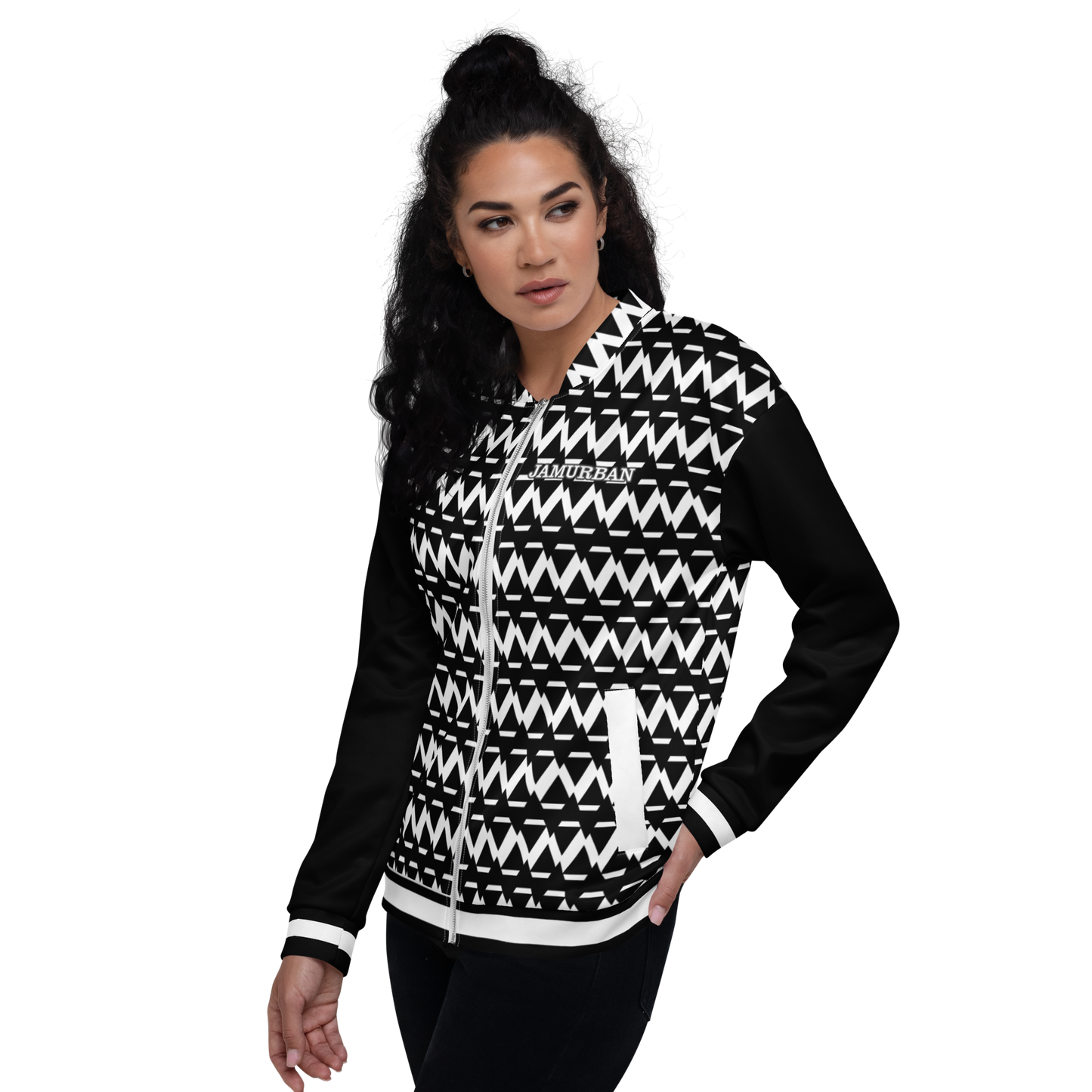 JAMURBAN® S.E "SHARP EDGES" Unisex Bomber Jacket (Black+White) with black sleeves and white trim.