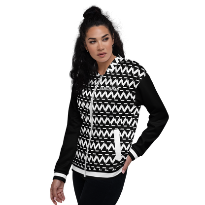 JAMURBAN® S.E "SHARP EDGES" Unisex Bomber Jacket (Black+White) with black sleeves and white trim.