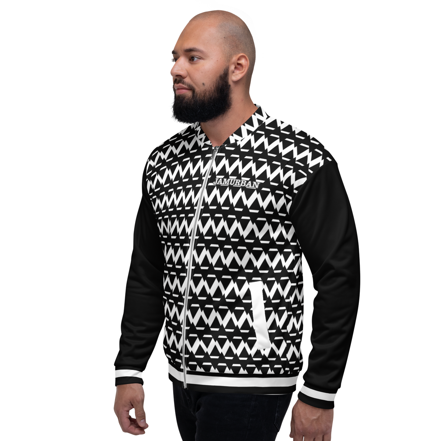 JAMURBAN® S.E "SHARP EDGES" Unisex Bomber Jacket (Black+White) with black sleeves and white trim.