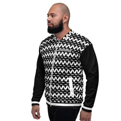 JAMURBAN® S.E "SHARP EDGES" Unisex Bomber Jacket (Black+White) with black sleeves and white trim.