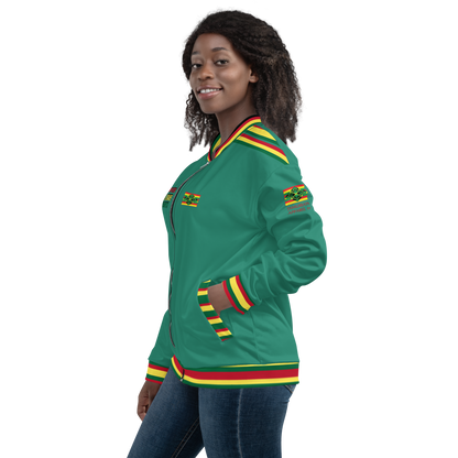 LOA's " LOVE ONE ANOTHER" Unisex Bomber Jacket (Elf Green with red, green and yellow stripes). Sizes XS - 3XL.