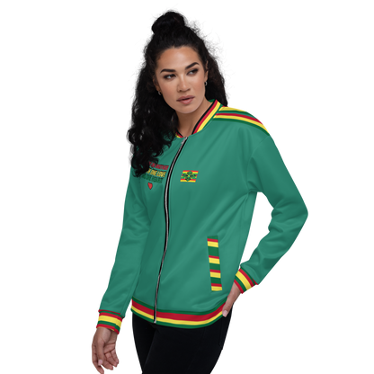 LOA's " LOVE ONE ANOTHER" Unisex Bomber Jacket (Elf Green with red, green and yellow stripes). Sizes XS - 3XL.