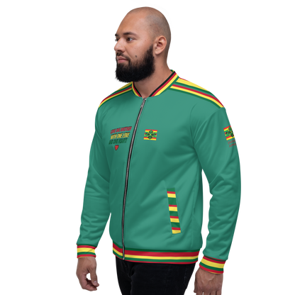 LOA's " LOVE ONE ANOTHER" Unisex Bomber Jacket (Elf Green with red, green and yellow stripes). Sizes XS - 3XL.