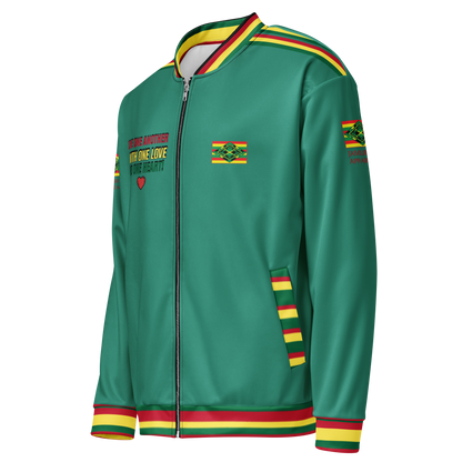 LOA's " LOVE ONE ANOTHER" Unisex Bomber Jacket (Elf Green with red, green and yellow stripes). Sizes XS - 3XL.