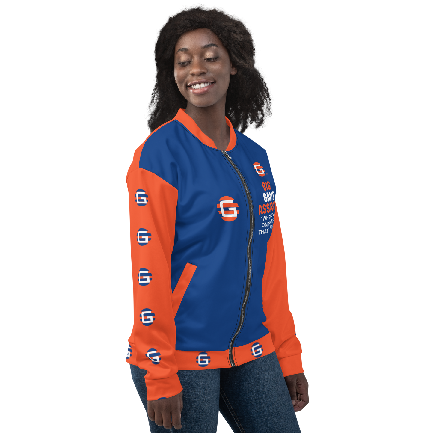 BIG GAME ASSASSIN ® Lightweight Unisex Bomber Jacket (Dark Cerulean+Orange).