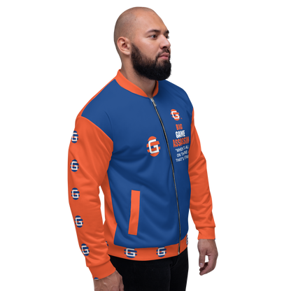 BIG GAME ASSASSIN ® Lightweight Unisex Bomber Jacket (Dark Cerulean+Orange).