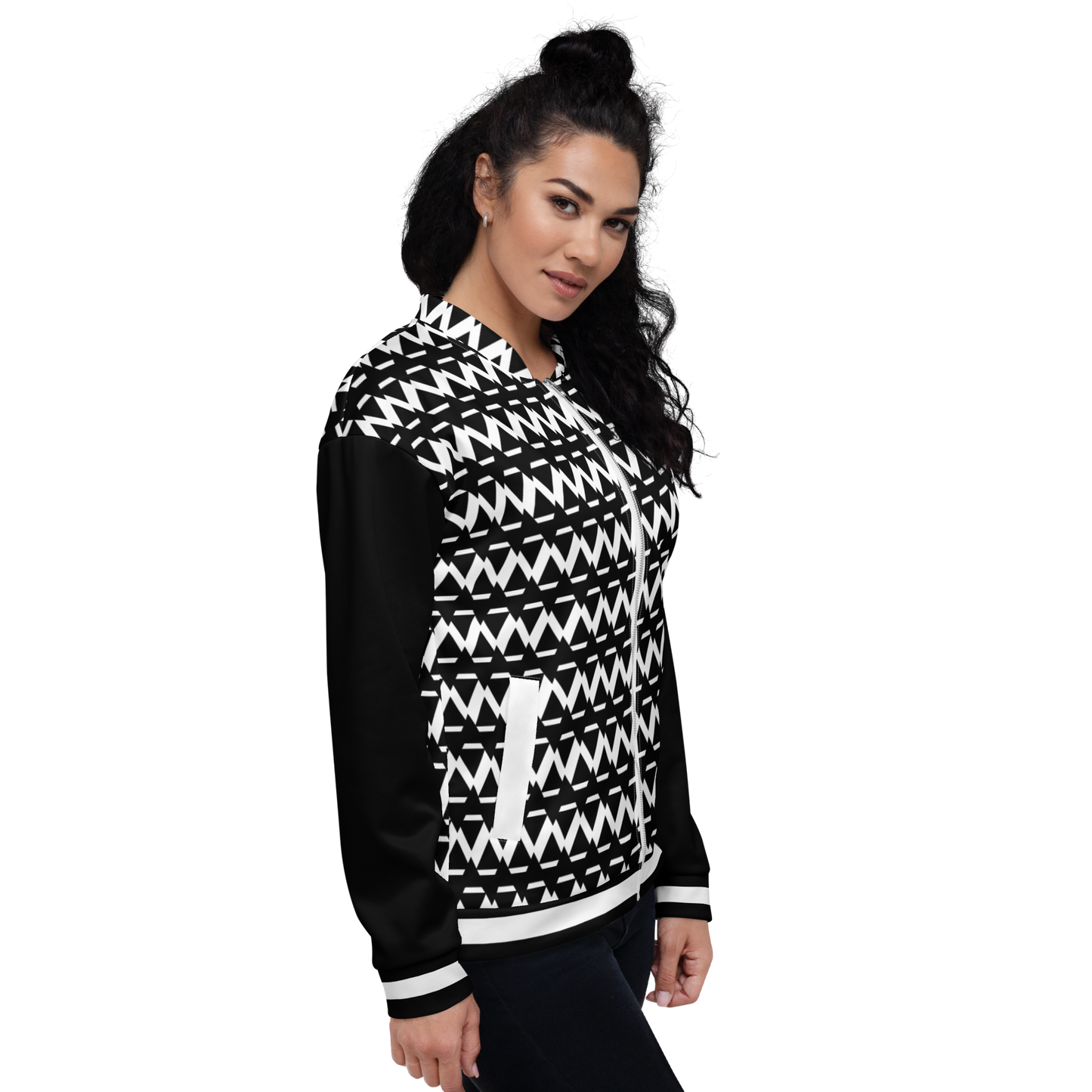 JAMURBAN® S.E "SHARP EDGES" Unisex Bomber Jacket (Black+White) with black sleeves and white trim.