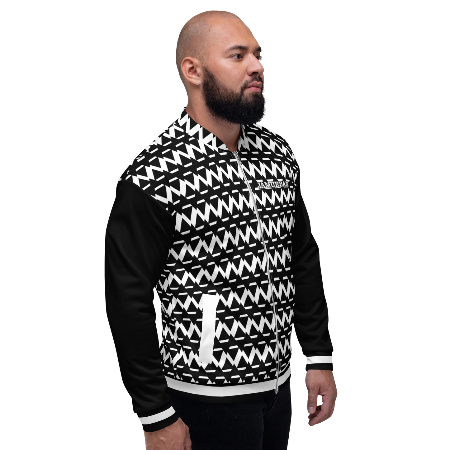 JAMURBAN® S.E "SHARP EDGES" Unisex Bomber Jacket (Black+White) with black sleeves and white trim.