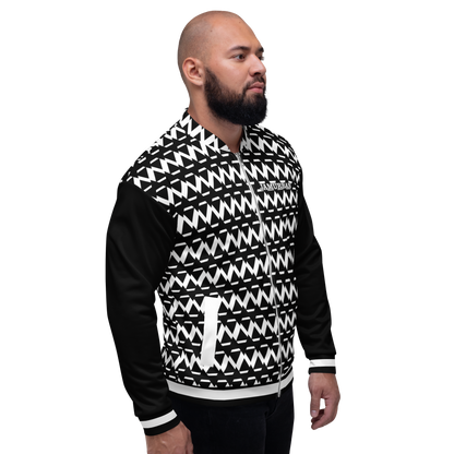 JAMURBAN® S.E "SHARP EDGES" Unisex Bomber Jacket (Black+White) with black sleeves and white trim.